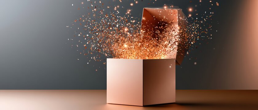 Magic Open Box with Golden Glitter Explosion on Dark Background