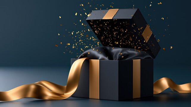 Elegant Dark Gift Box with Golden Ribbon and Sparkling Confetti