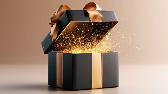Elegant Black Gift Box Opening with Golden Light and Sparkles