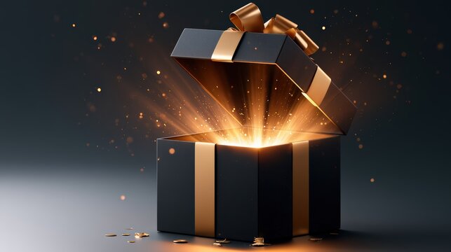 Magical Gift Box Opening with Golden Light Burst and Sparkles