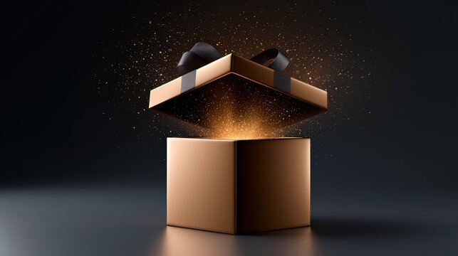 Golden Gift Box Opening with Magical Glitter Particles on Dark