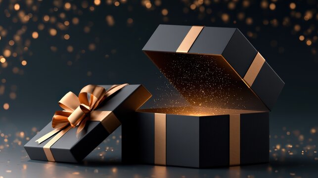 Elegant Black Gift Boxes with Golden Ribbons and Sparkling Bokeh
