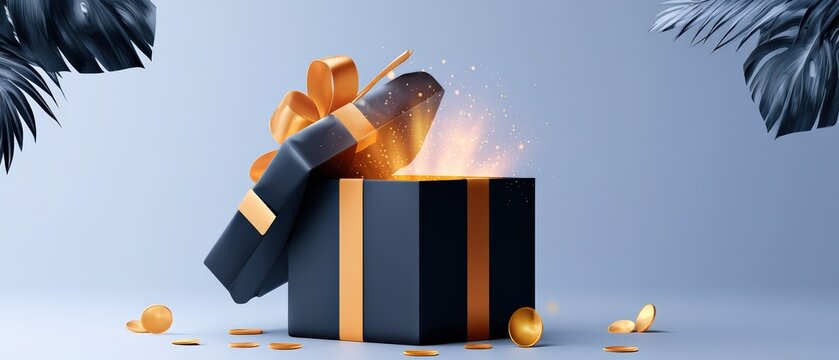 Exciting Gift Box Opening with Golden Light and Tropical Leaves