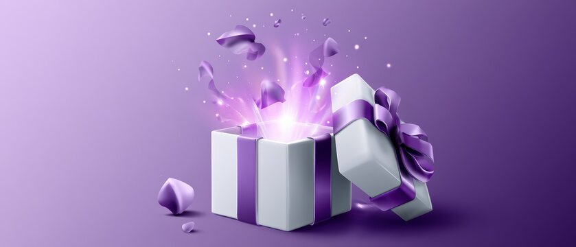 White Gift Box with Purple Ribbon and Magical Light Explosion