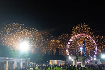 Fireworks over Washington DC night. Golden fireworks mark America 250. National fireworks festival near monument. Fireworks honor American freedom celebration. Monument firework. © Volodymyr
