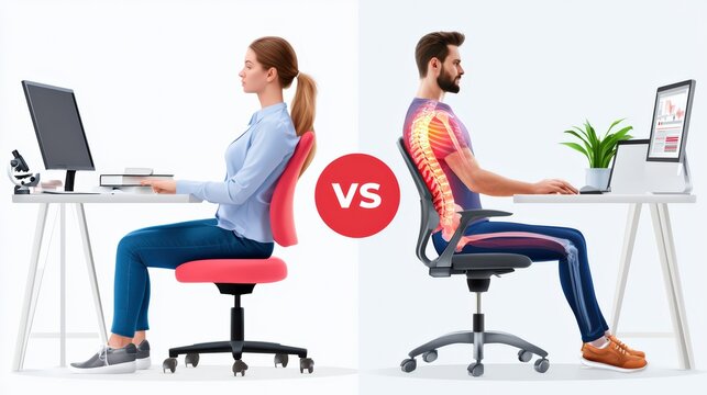Ergonomic Vs Poor Sitting Posture at Desk with Highlighted Spine