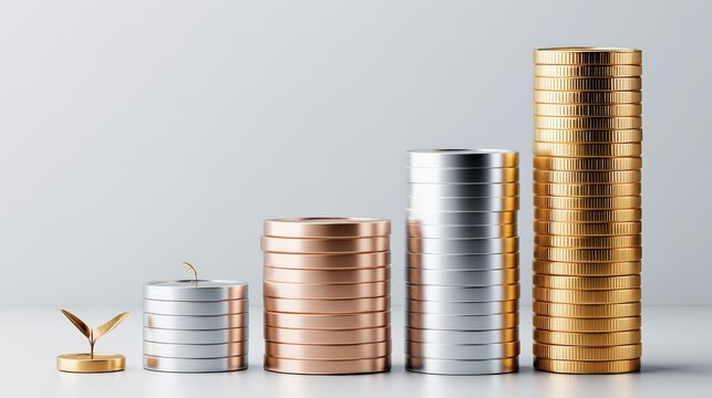 Investment Growth Concept with Stacks of Coins and Sprouting Plant