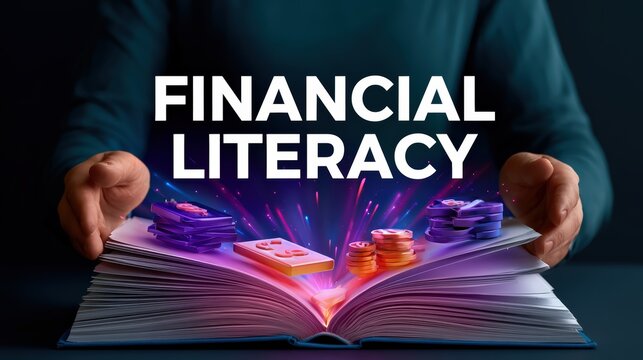 Financial Literacy Concept with Open Book and Money Game Chips