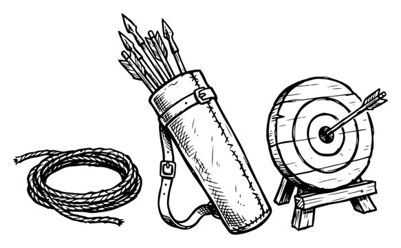 Archery equipment including quiver with arrows and target in clean line art style