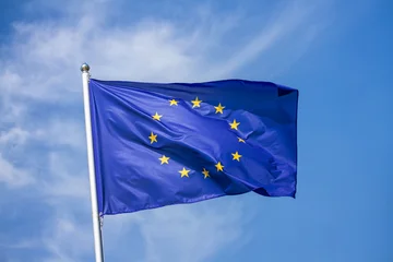 Flag of the European Union waving in the wind on flagpole against the sky with clouds on sunny day, close-up © rustamank