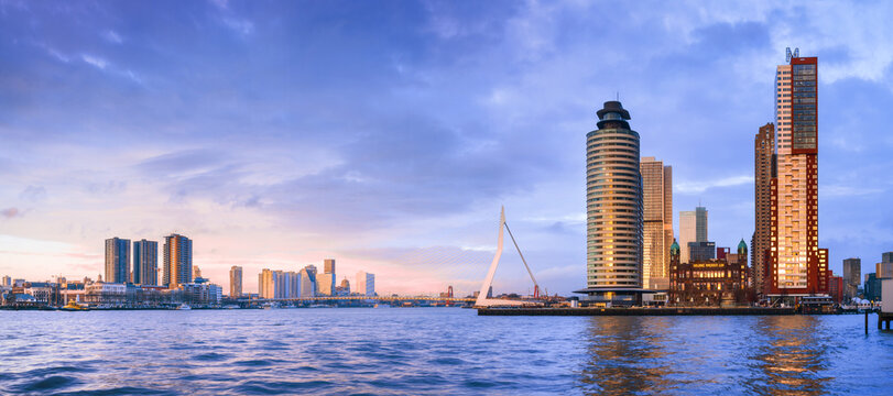 City Landscape, panorama - view on Erasmus Bridge and district Feijenoord city of Rotterdam, The Netherlands, banner