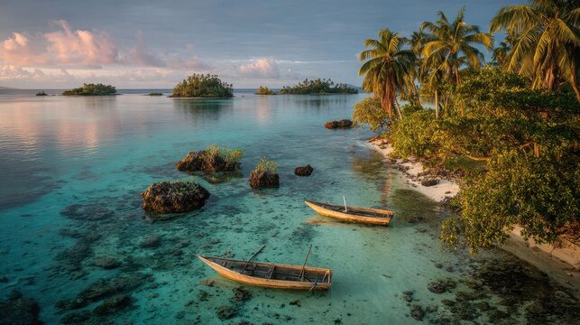 Turquoise Chuuk Lagoon at sunrise with palm-fringed islets and tranquil waters