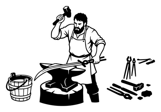 Blacksmith forging a sword on an anvil with hammer in vintage woodcut style