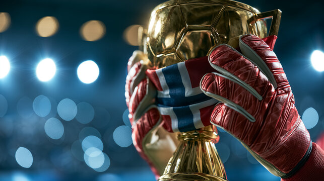 Goalkeeper's Golden Triumph: A triumphant goalkeeper in a red glove, adorned with the Norwegian flag, clutches a gleaming golden soccer trophy against a backdrop of stadium lights.