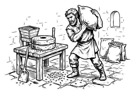 Medieval miller carrying heavy grain sack near millstone hand drawn engraving style