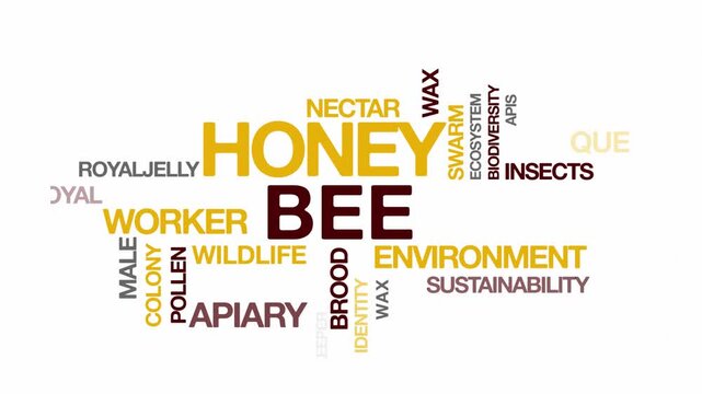 Honey bee awareness  concept Animated Tag Word Cloud kinetic typography, Text Design Animation typography seamless loop video motion graphics Intro Wordart arrangement yellow brown type on white backg