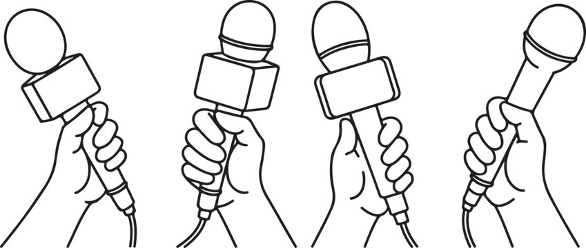 Four hands holding microphones for interviews press