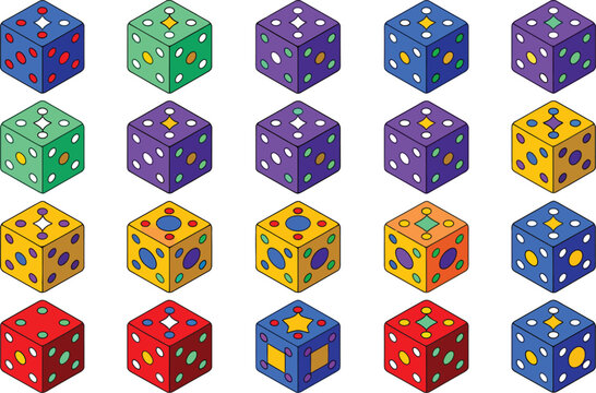 Polyhedral dice, tabletop gaming dice with multiple sided shapes and numbered faces for roleplaying, board games, and fantasy adventures, vector designs.
