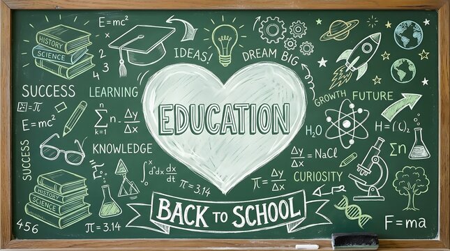Back To School Education concept chalkboard with science math and growth elements for learning resources