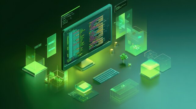Abstract digital art showing declarative programming concepts in a neon green code scene
