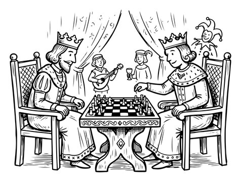 Kings playing chess in a royal court with jester and musicians engraving style