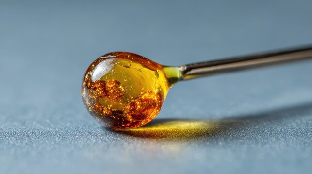 Intimate macro image of resin on a dab tool tip, amber color and soft blurred background