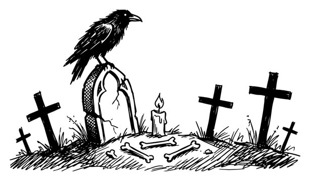 Raven sitting on a tombstone in a dark cemetery with wooden crosses and bones in vintage engraving style