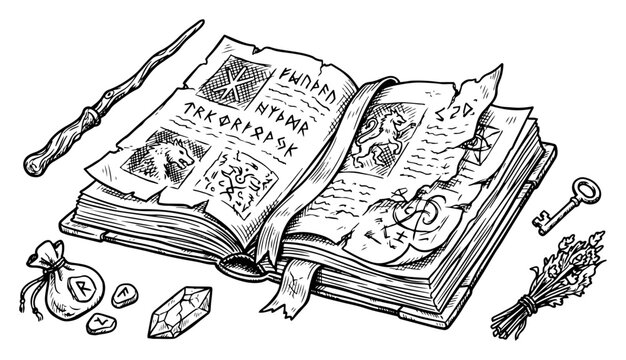 Open magical grimoire with runes wand and crystals in vintage engraving style