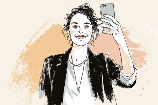 Minimalist line-drawn selfie illustration with pastel shading and cheerful mood