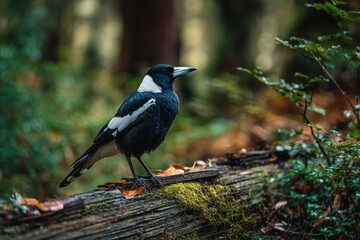 Fototapeta premium Wildlife portrait of a magpie resting on a rustic log amid green woodland