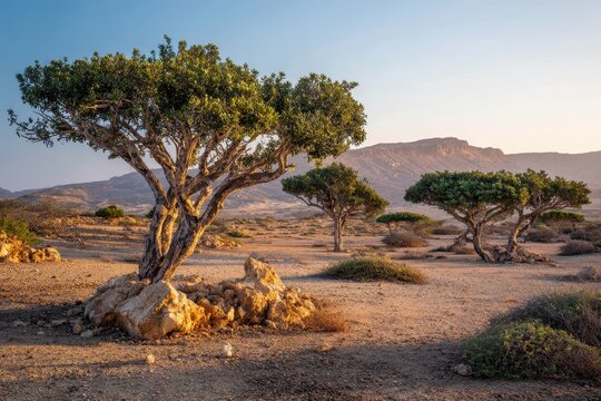 Wide-angle view of frankincense trees along limestone plains in Salalah, Oman