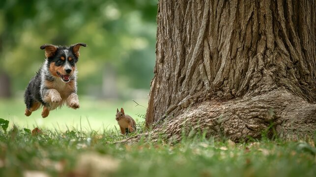 Energetic dog chases a squirrel up a tree, the squirrel hidden on the opposite side