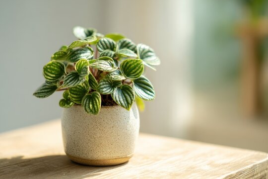 Close-up of peperomia piccolo banda houseplant with striped leaves on a wooden surface
