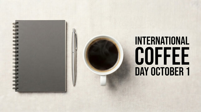 International Coffee Day October 1: Coffee cup, notebook, pen on textured background