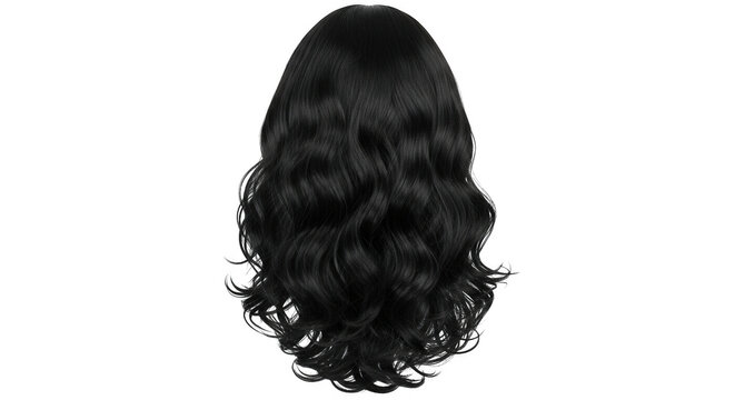Wavy black synthetic hairpiece showing texture and volume from behind isolated on transparent background