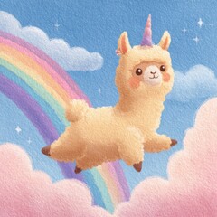 Fototapeta premium Whimsical llama unicorn drifting through a pastel sky with a rainbow