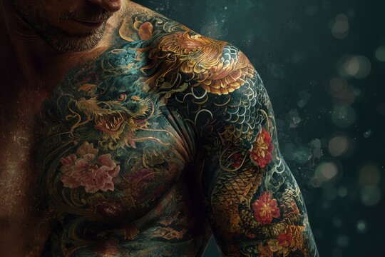 Portrait of a man with a full sleeve of traditional Japanese irezumi tattoos