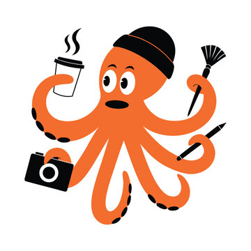 Creative Orange Octopus Artist Mascot Holding Coffee, Camera and Art Tools Vector Illustration