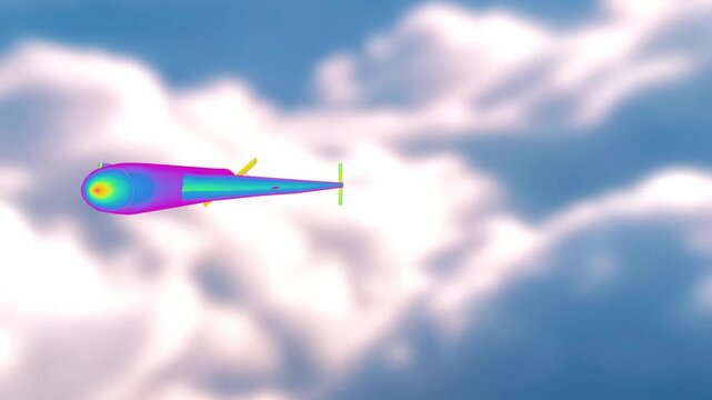 Unmanned loitering munition drone cruises through fluffy white clouds viewed from a side angle in a 3D render displaying thermal imaging color gradients