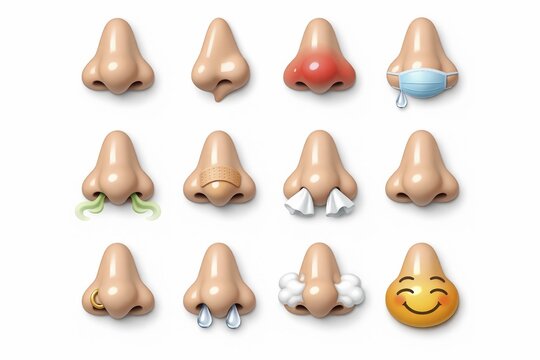 Different noses in humorous illustrations as well as illness and care conditions, cartoon-like 3D icon set, with bright background, AI-generated, AI generated