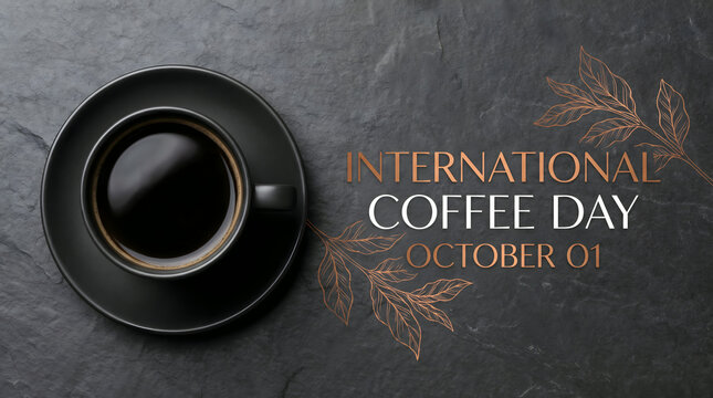 International Coffee Day - Black Coffee Cup on Dark Slate Background with Copper Leaf Design