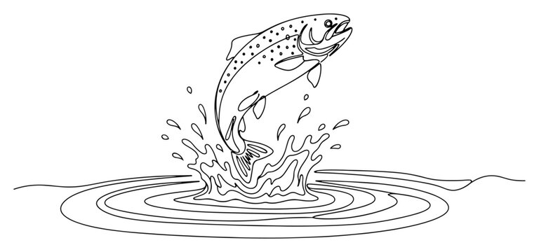 Trout jumping out of water with splash and ripples in single line art style
