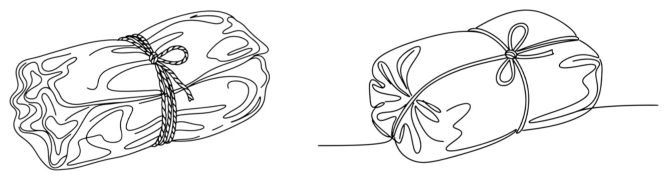 Wrapped meat bundles tied with string in continuous line art style