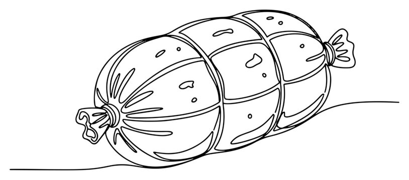 Salami sausage tied with twine string in continuous line art style