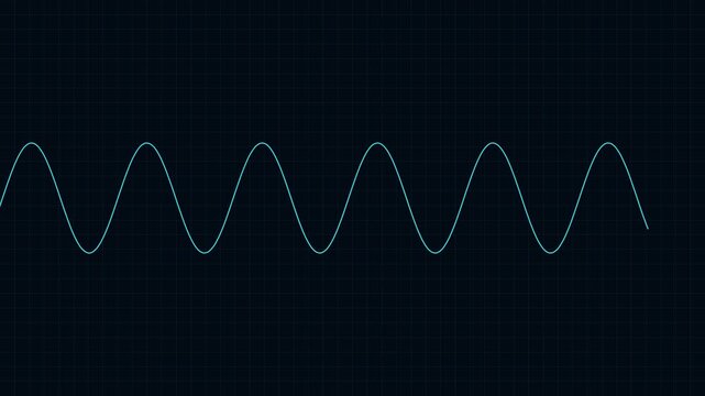 Digital sine wave audio frequency signal animation on dark grid 4k background