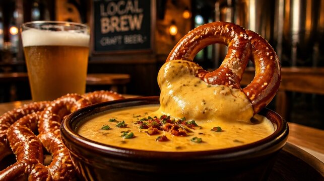 Beer cheese dip with pretzel in tavern scene with rich cheddar sauce and tall beer glass
