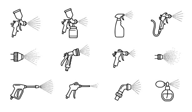 Spray Gun and Spray Pattern Line Icons Vector Set