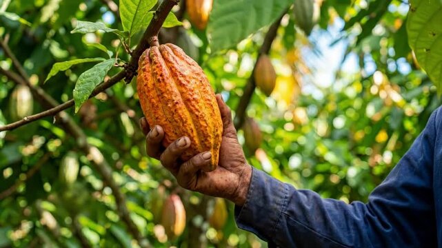 Farmer holding ripe cocoa pod from tree in lush tropical plantation. African man harvesting cacao for fair trade agriculture. Sustainable chocolate production source and ethical farming concept