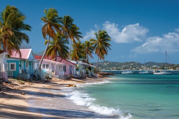 Fototapeta premium St. Maarten coastline: turquoise waters, palm trees, and pastel waterfront buildings