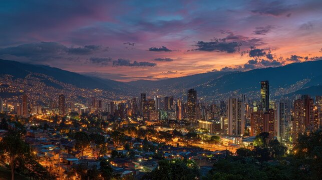 Medellin skyline at dusk over rolling hills and sparkling city lights
